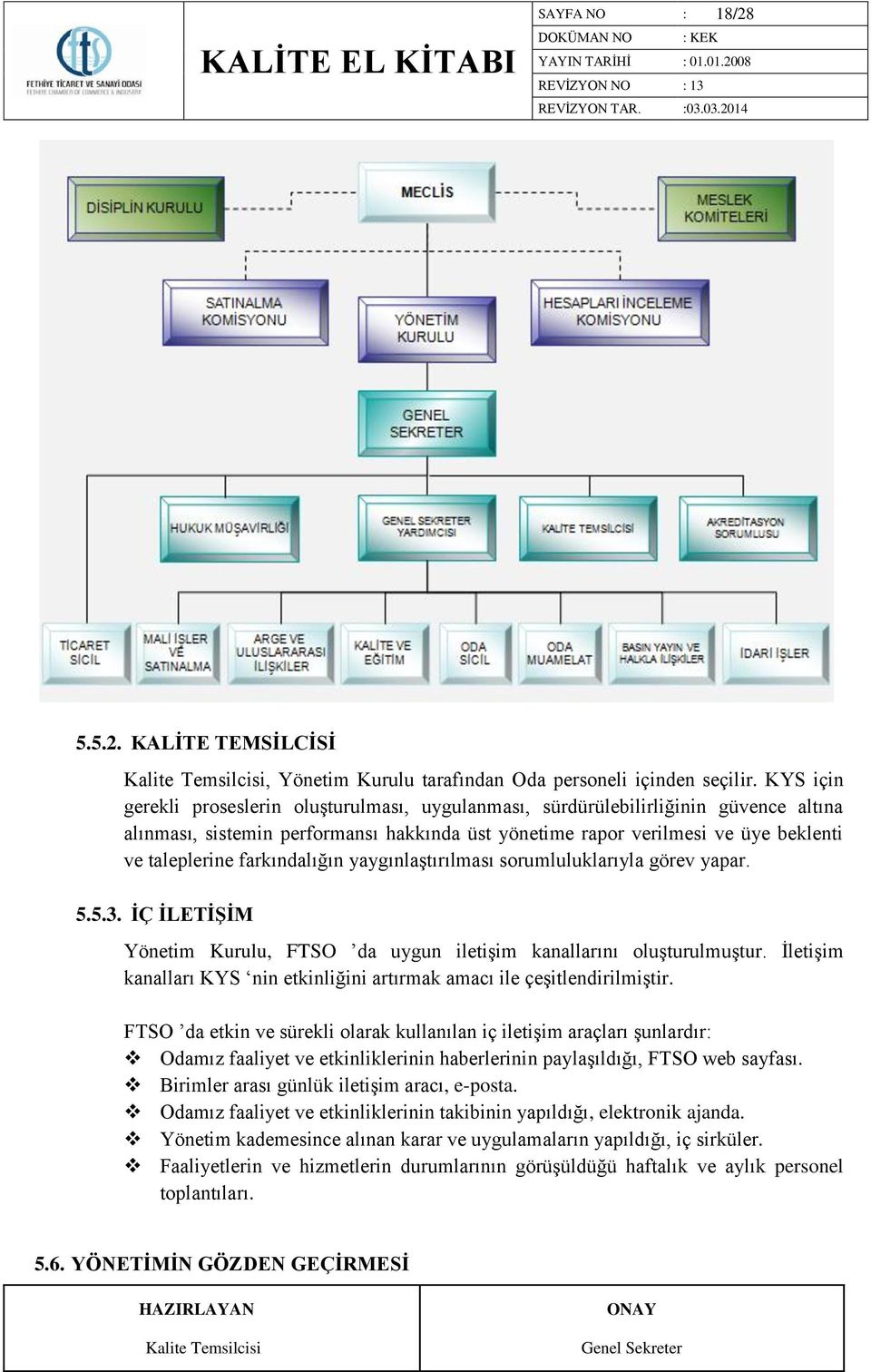 farkındalığın yaygınlaştırılması sorumluluklarıyla görev yapar. 5.5.3. İÇ İLETİŞİM Yönetim Kurulu, FTSO da uygun iletişim kanallarını oluşturulmuştur.