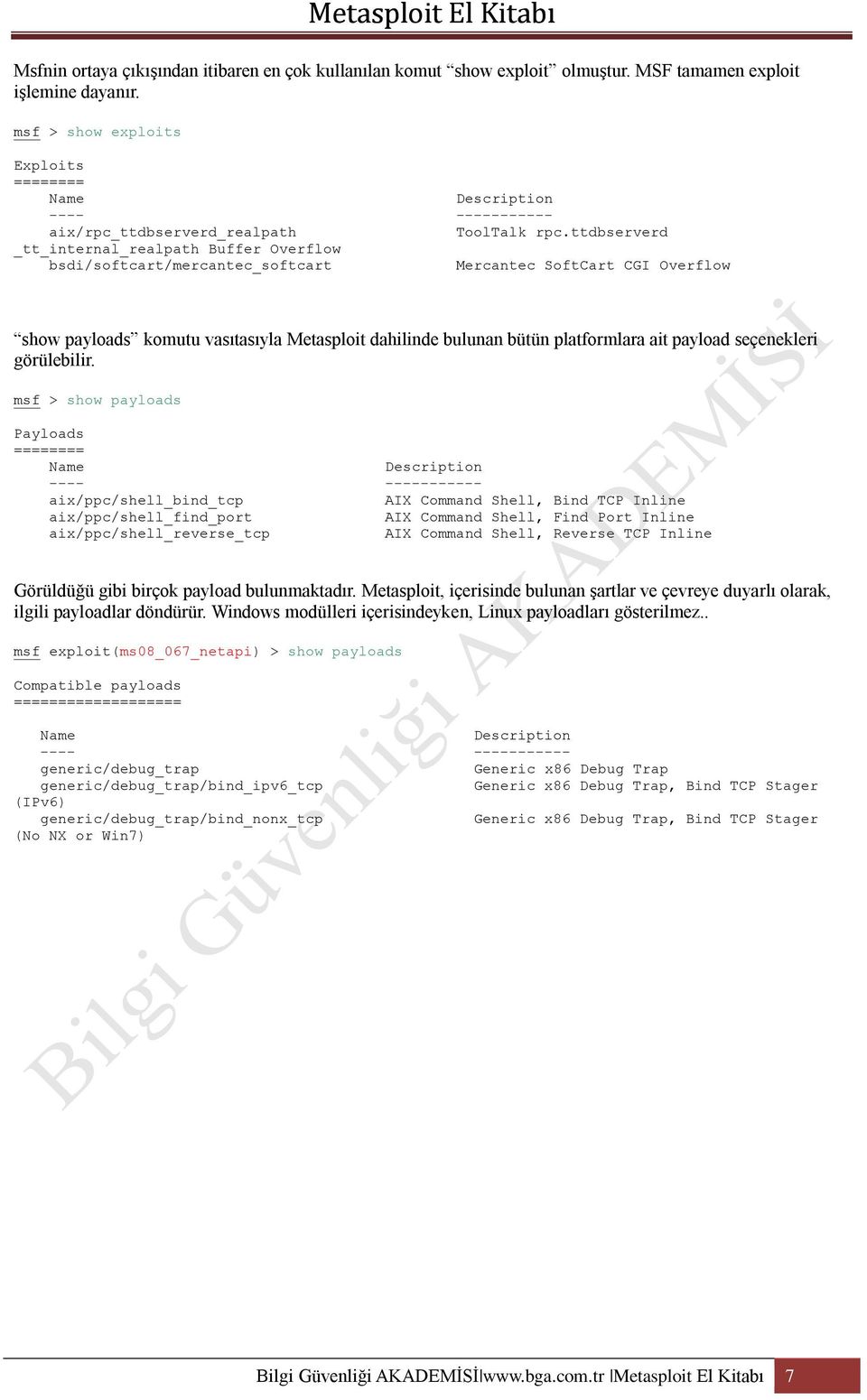 ttdbserverd _tt_internal_realpath Buffer Overflow bsdi/softcart/mercantec_softcart Mercantec SoftCart CGI Overflow show payloads komutu vasıtasıyla Metasploit dahilinde bulunan bütün platformlara ait