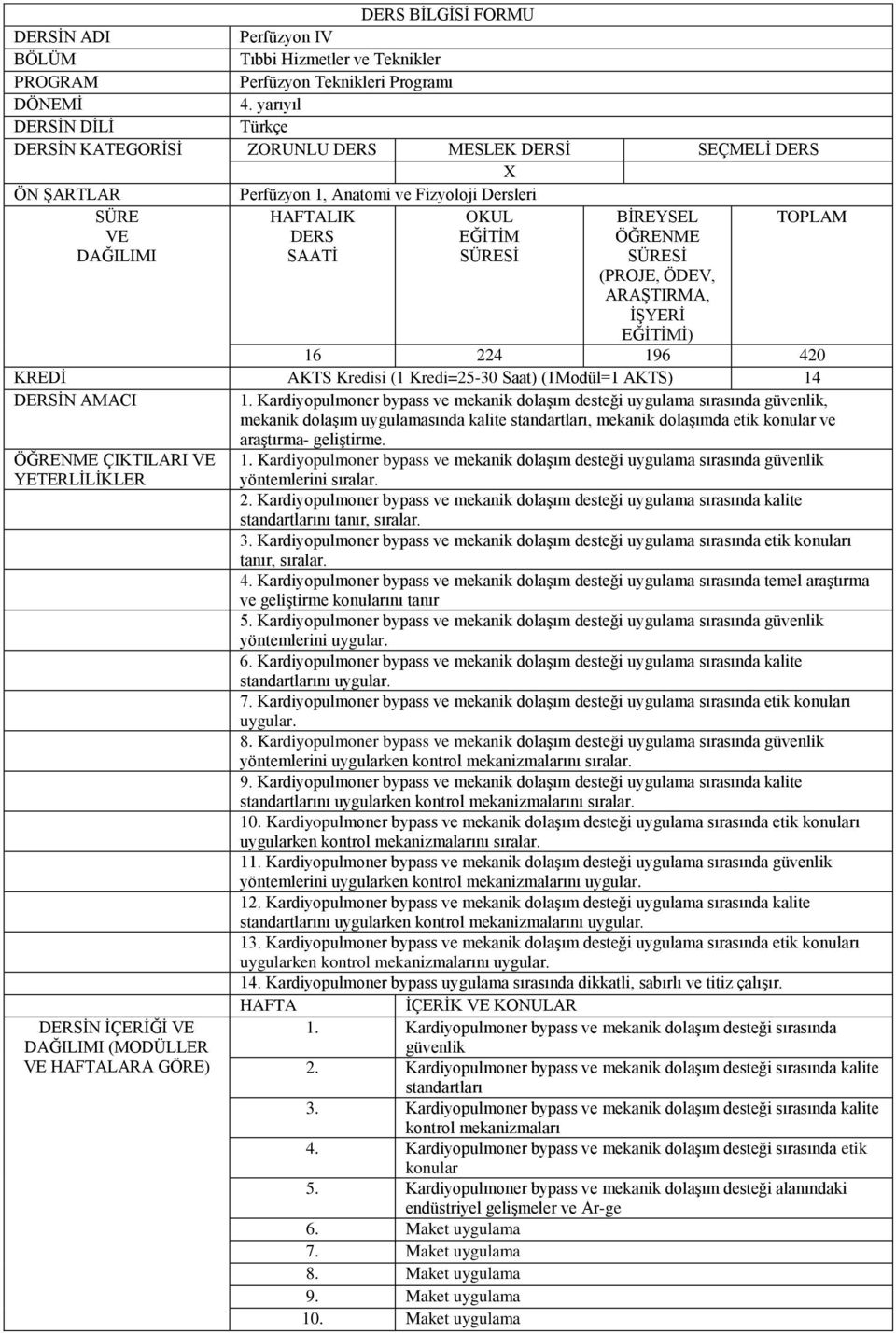 İŞYERİ EĞİTİMİ) 16 224 196 420 KREDİ AKTS Kredisi (1 Kredi=25-30 Saat) (1Modül=1 AKTS) 14 1.