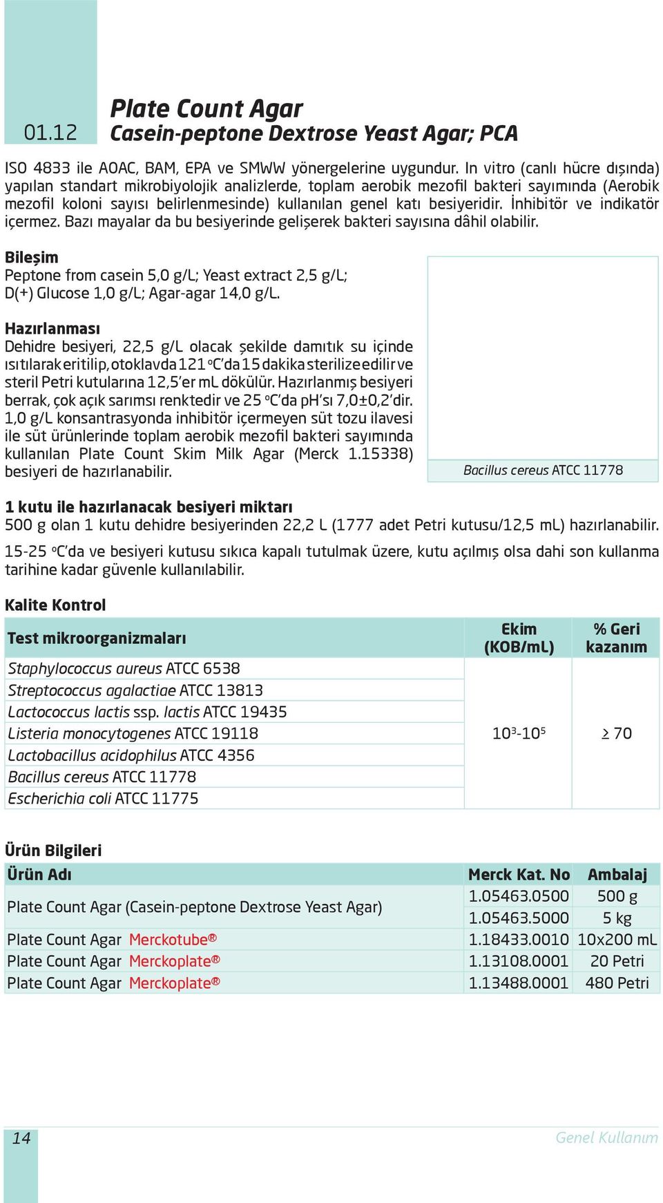 İnhibitör ve indikatör içermez. Bazı mayalar da bu besiyerinde gelişerek bakteri sayısına dâhil olabilir. Peptone from casein 5,0 g/l; Yeast extract 2,5 g/l; D(+) Glucose 1,0 g/l; Agar-agar 14,0 g/l.