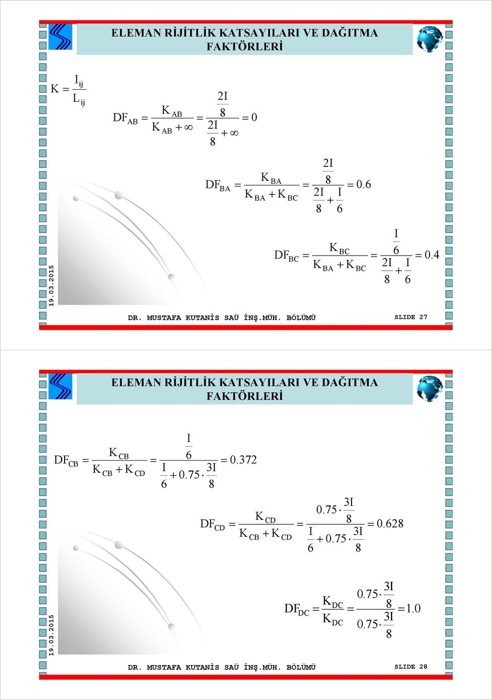 BÖÜMÜ SIDE 27 EEMAN RİJİTİK KATSAYIARI VE DAĞITMA FAKTÖRERİ DF KCB + K I 6 I 3I + 0.75 6 8 CB = = = KCB CD DF 0.