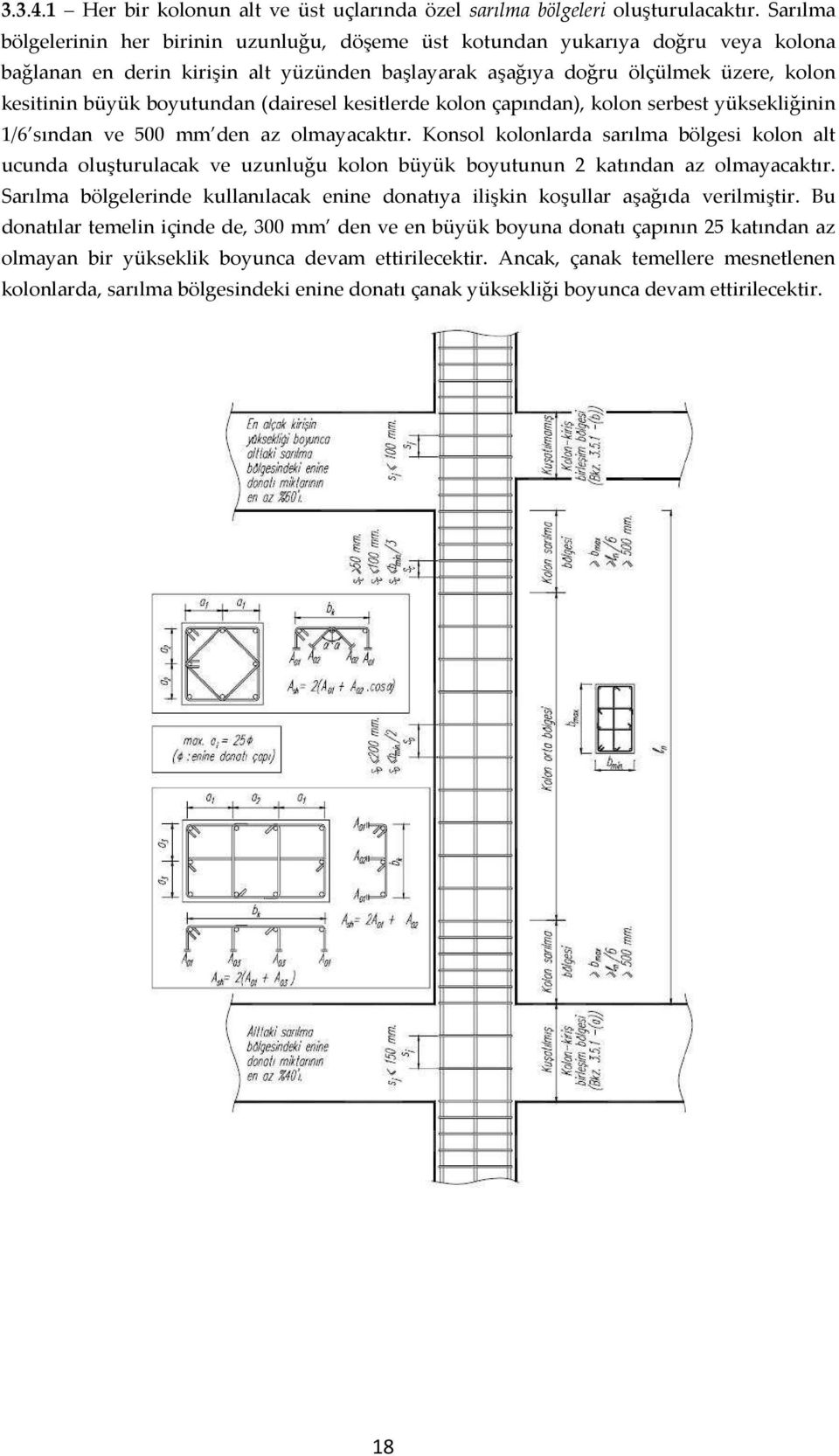 boyutundan (dairesel kesitlerde kolon çapından), kolon serbest yüksekliğinin 1/6 sından ve 500 mm den az olmayacaktır.