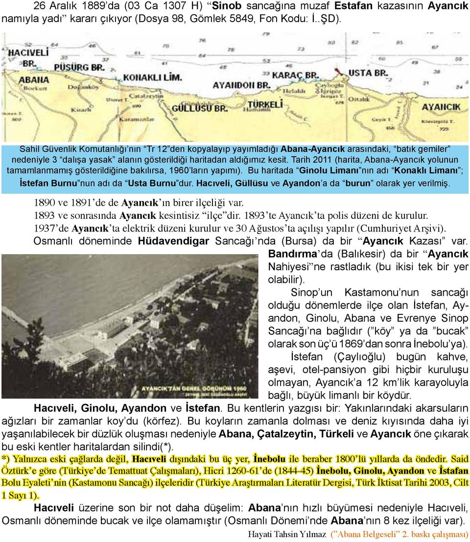Tarih 2011 (harita, Abana-Ayancık yolunun tamamlanmamış gösterildiğine bakılırsa, 1960 ların yapımı). Bu haritada Ginolu Limanı nın adı Konaklı Limanı ; İstefan Burnu nun adı da Usta Burnu dur.