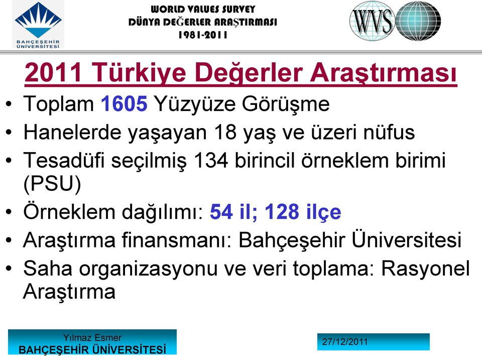 birimi (PSU) Örneklem dağılımı: 54 il; 128 ilçe raştırma finansmanı: