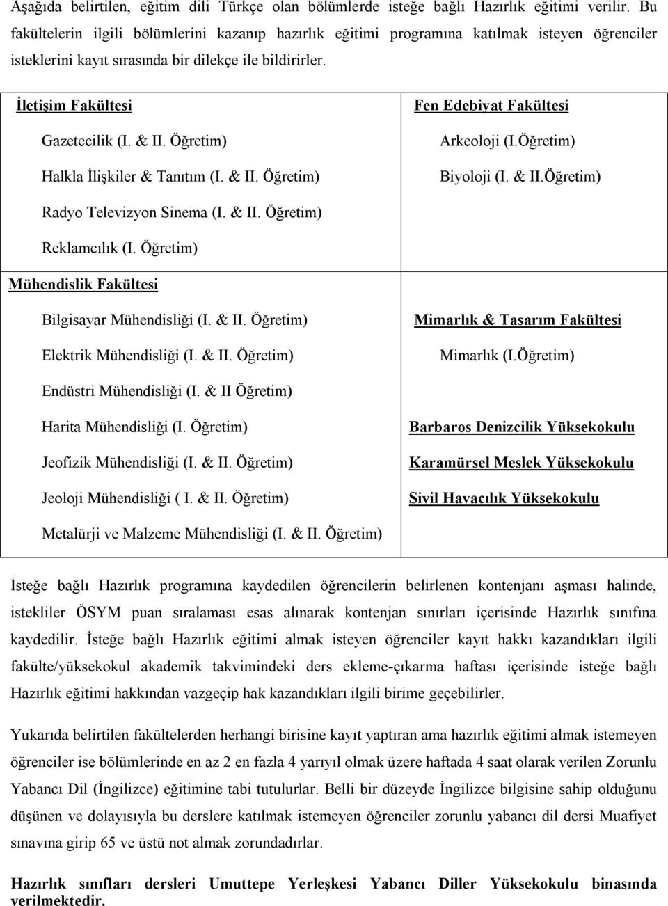 Öğretim) Halkla İlişkiler & Tanıtım (I. & II. Öğretim) Fen Edebiyat Fakültesi Arkeoloji (I.Öğretim) Biyoloji (I. & II.Öğretim) Radyo Televizyon Sinema (I. & II. Öğretim) Reklamcılık (I.