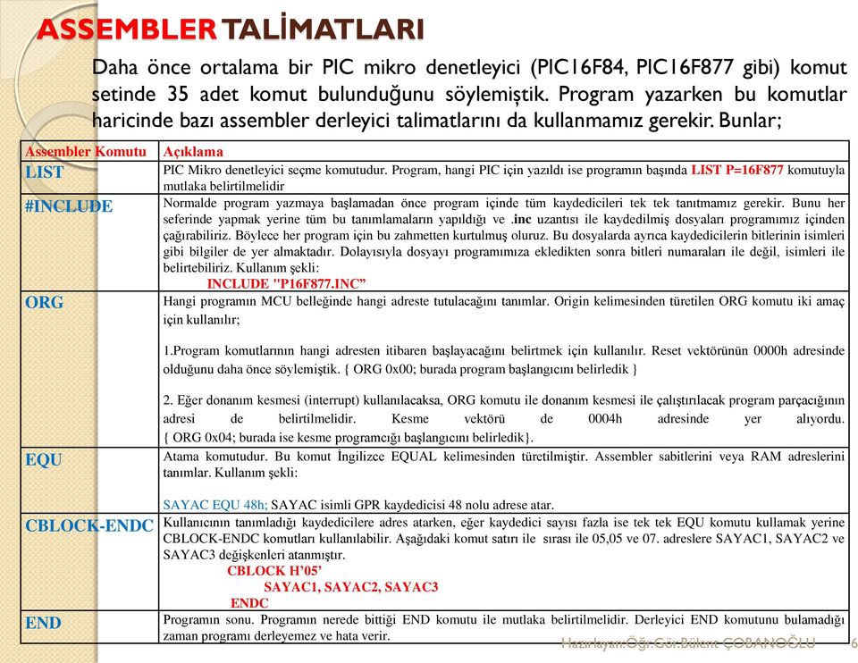 Program, hangi PIC için yazıldı ise programın başında LIST P=16F877 komutuyla mutlaka belirtilmelidir Normalde program yazmaya başlamadan önce program içinde tüm kaydedicileri tek tek tanıtmamız