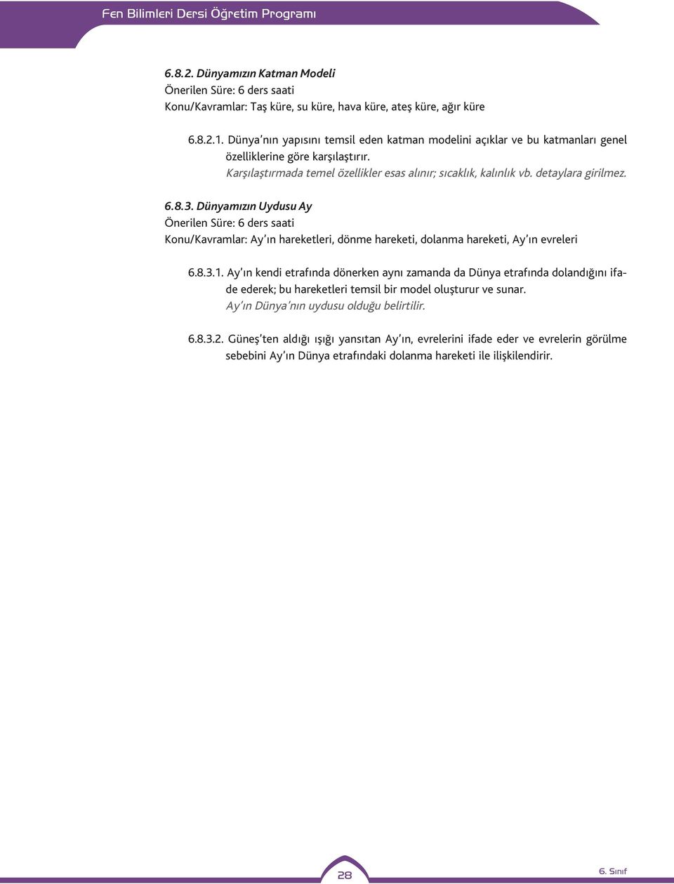 detaylara girilmez. 6.8.3. Dünyamızın Uydusu Ay Konu/Kavramlar: Ay ın hareketleri, dönme hareketi, dolanma hareketi, Ay ın evreleri 6.8.3.1.