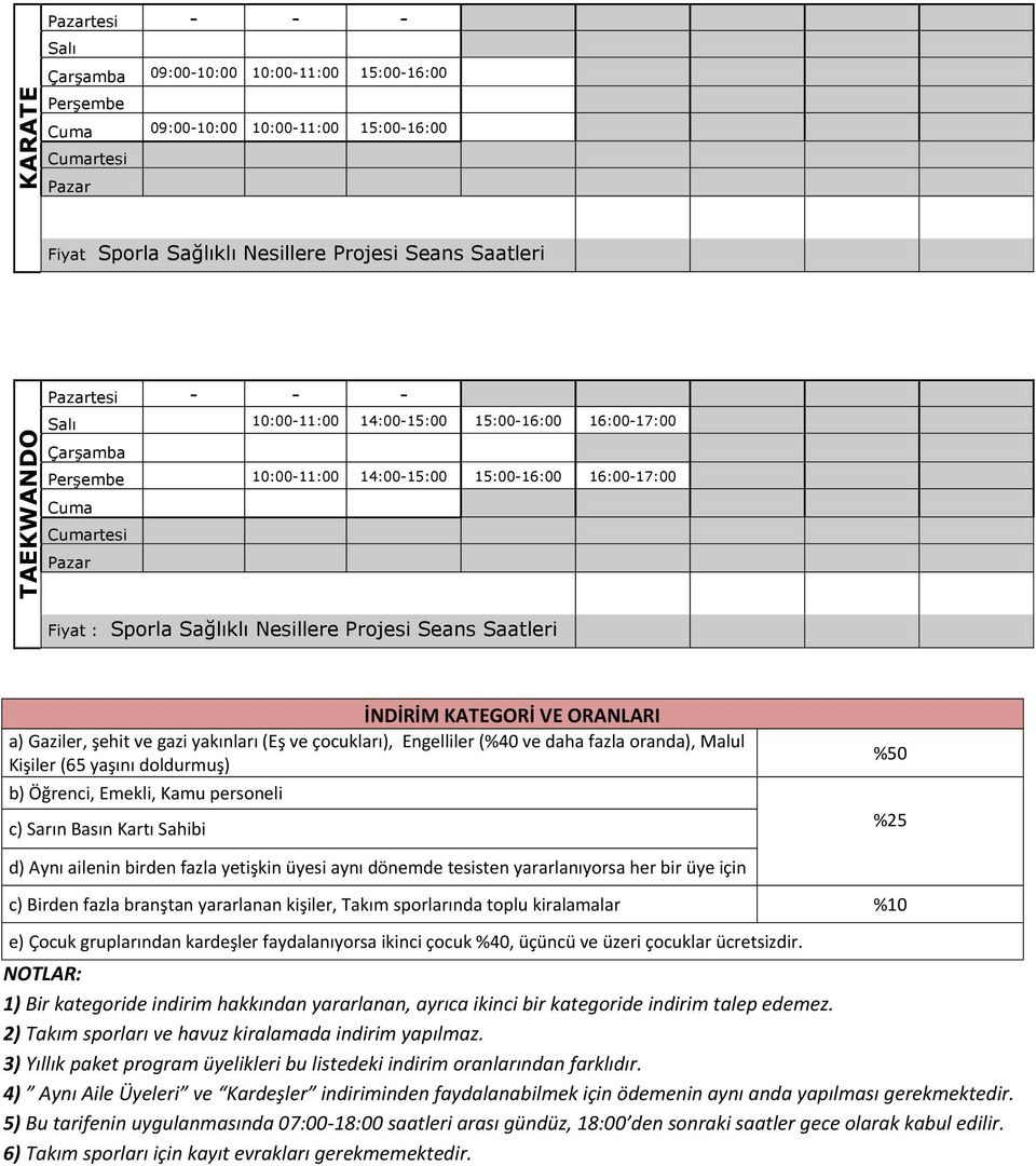 Basın Kartı Sahibi %50 %25 d) Aynı ailenin birden fazla yetişkin üyesi aynı dönemde tesisten yararlanıyorsa her bir üye için c) Birden fazla branştan yararlanan kişiler, Takım sporlarında toplu
