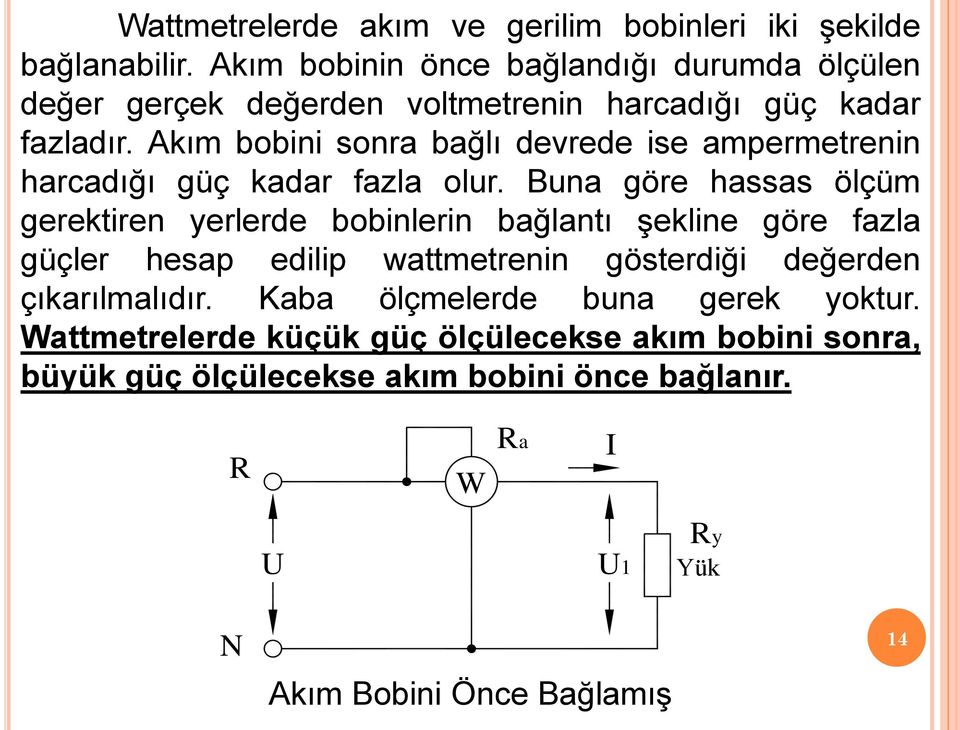 Akım bobini sonra bağlı devrede ise ampermetrenin harcadığı güç kadar fazla olur.