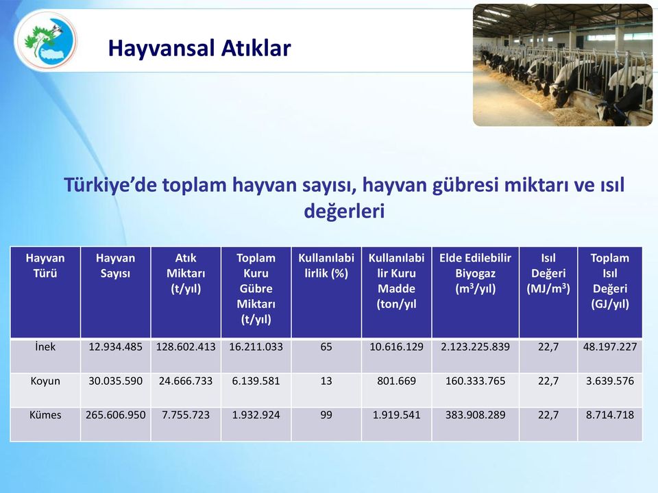 Değeri (MJ/m 3 ) Toplam Isıl Değeri (GJ/yıl) İnek 12.934.485 128.602.413 16.211.033 65 10.616.129 2.123.225.839 22,7 48.197.227 Koyun 30.