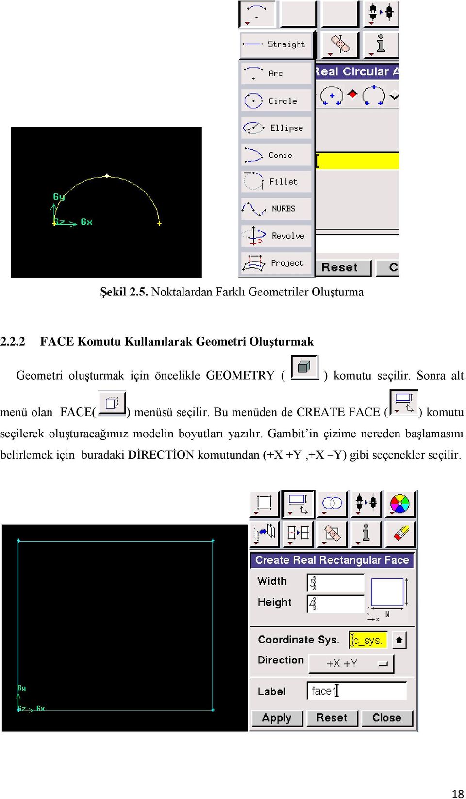 2.2 FACE Komutu Kullanılarak Geometri Oluşturmak Geometri oluşturmak için öncelikle GEOMETRY ( ) komutu