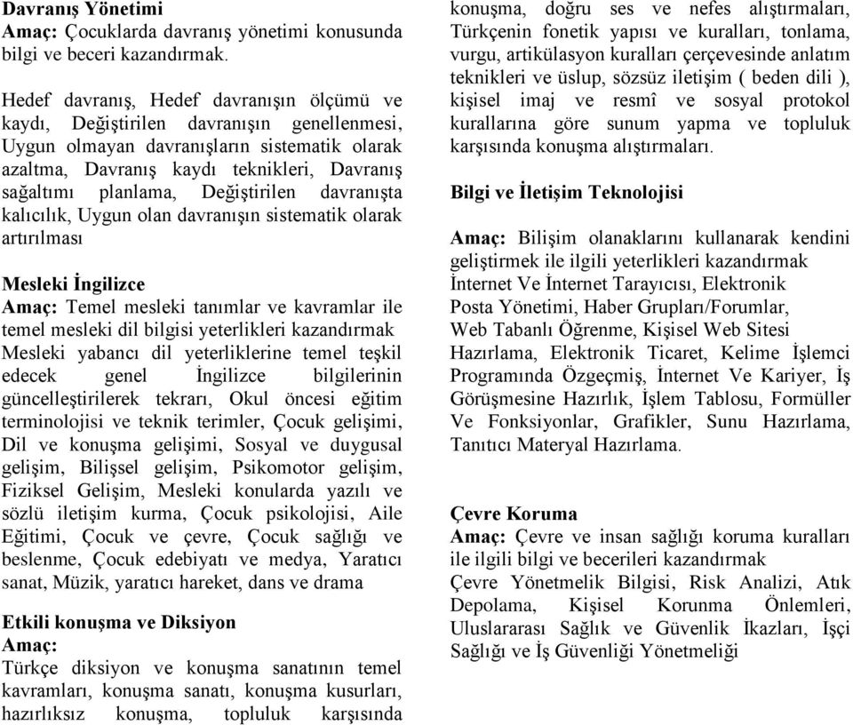 Değiştirilen davranışta kalıcılık, Uygun olan davranışın sistematik olarak artırılması Mesleki İngilizce Amaç: Temel mesleki tanımlar ve kavramlar ile temel mesleki dil bilgisi yeterlikleri