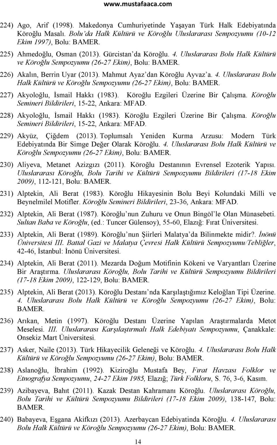 4. Uluslararası Bolu Halk Kültürü ve Köroğlu Sempozyumu (26-27 Ekim), Bolu: BAMER. 227) Akyoloğlu, İsmail Hakkı (1983). Köroğlu Ezgileri Üzerine Bir Çalışma.