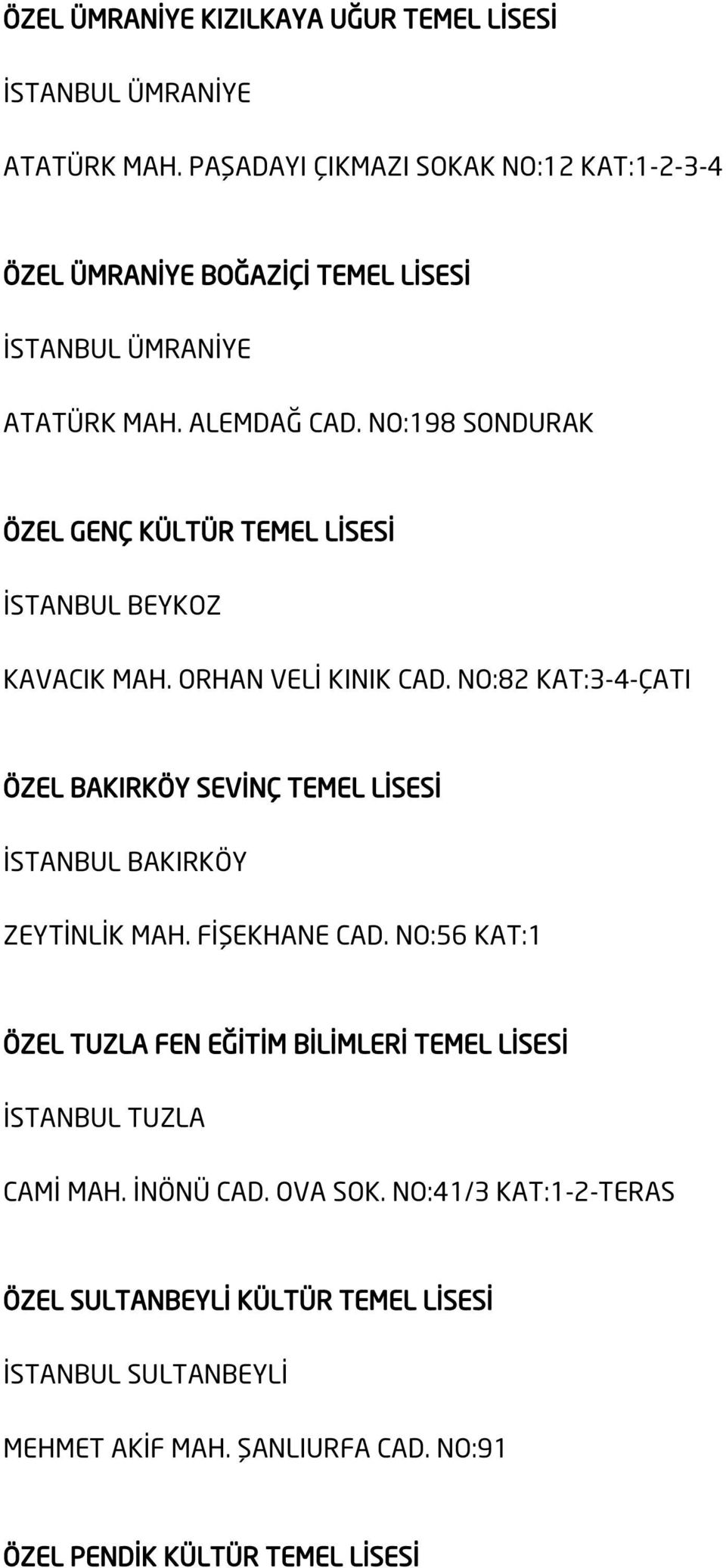 NO:198 SONDURAK ÖZEL GENÇ KÜLTÜR TEMEL LİSESİ İSTANBUL BEYKOZ KAVACIK MAH. ORHAN VELİ KINIK CAD.