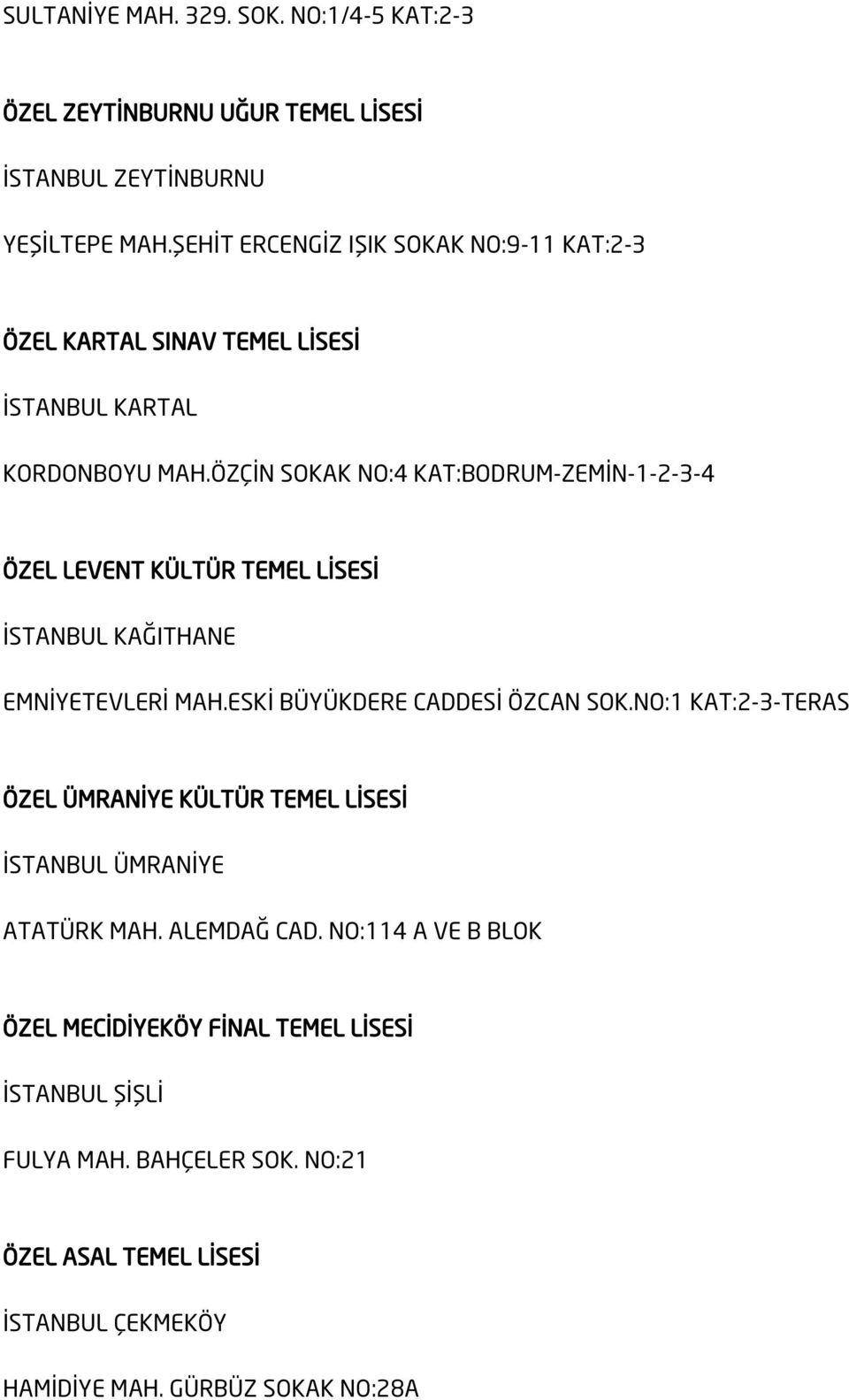 ÖZÇİN SOKAK NO:4 KAT:BODRUM-ZEMİN-1-2-3-4 ÖZEL LEVENT KÜLTÜR TEMEL LİSESİ İSTANBUL KAĞITHANE EMNİYETEVLERİ MAH.ESKİ BÜYÜKDERE CADDESİ ÖZCAN SOK.