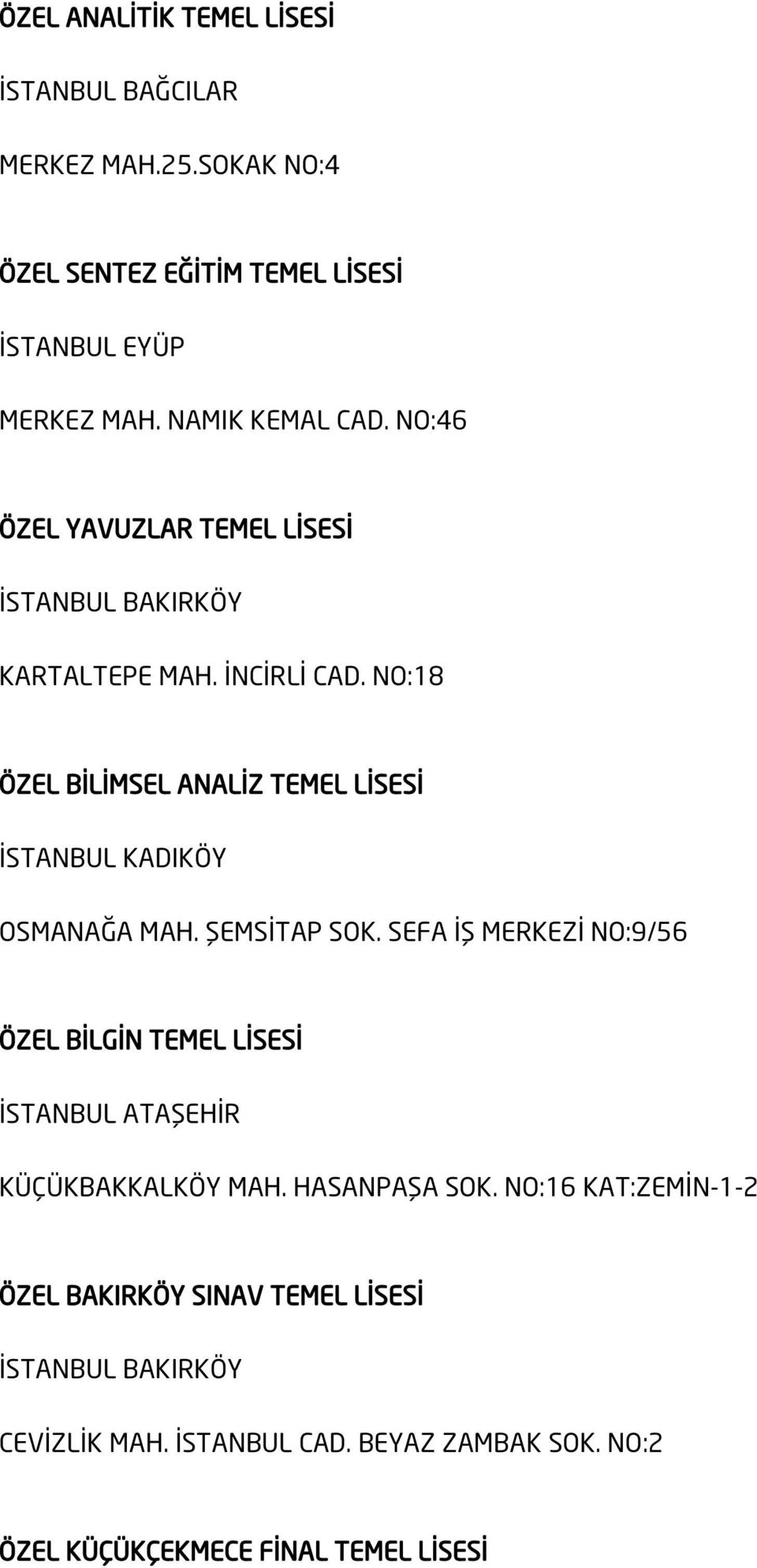 NO:18 ÖZEL BİLİMSEL ANALİZ TEMEL LİSESİ İSTANBUL KADIKÖY OSMANAĞA MAH. ŞEMSİTAP SOK.