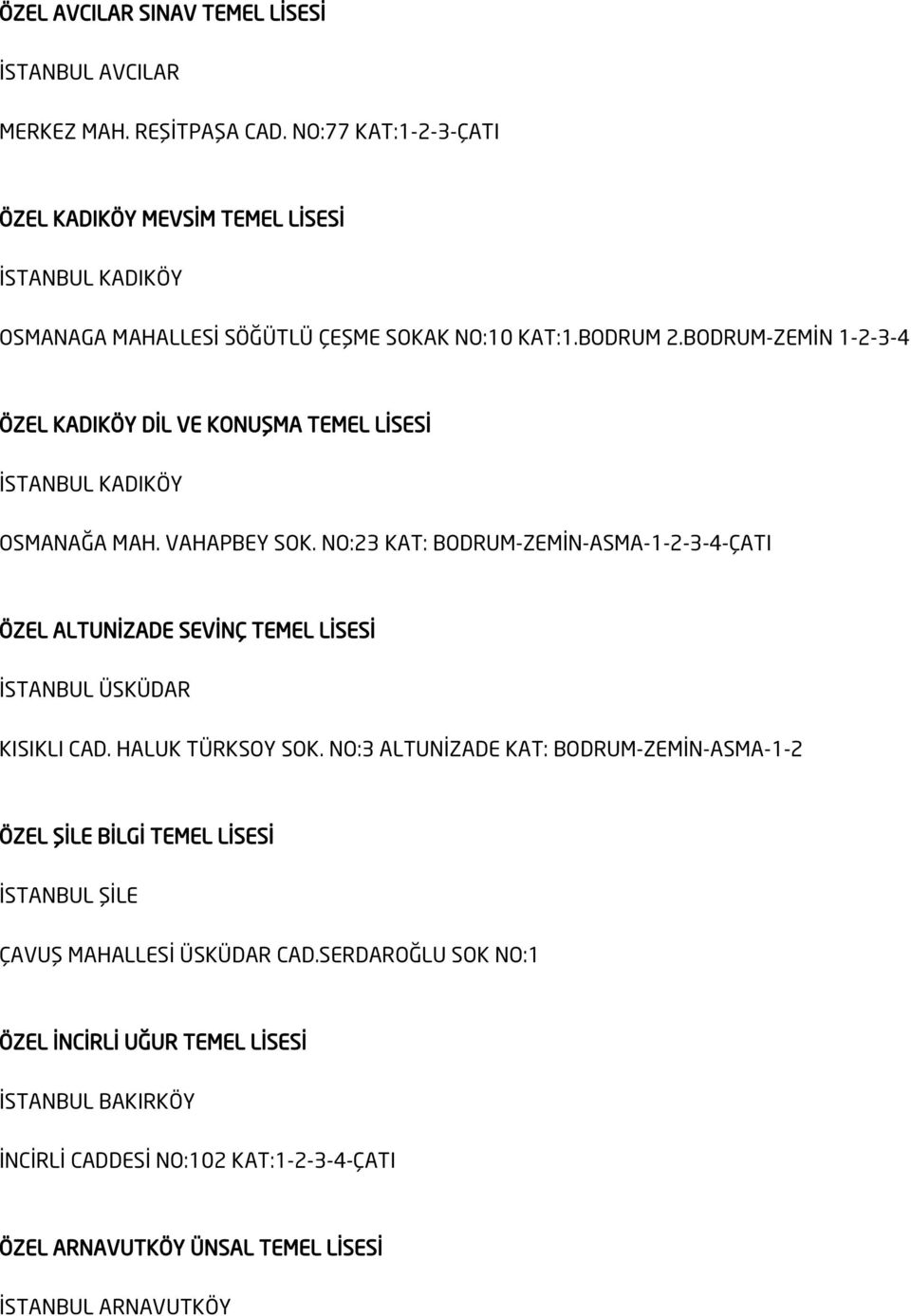 BODRUM-ZEMİN 1-2-3-4 ÖZEL KADIKÖY DİL VE KONUŞMA TEMEL LİSESİ İSTANBUL KADIKÖY OSMANAĞA MAH. VAHAPBEY SOK.