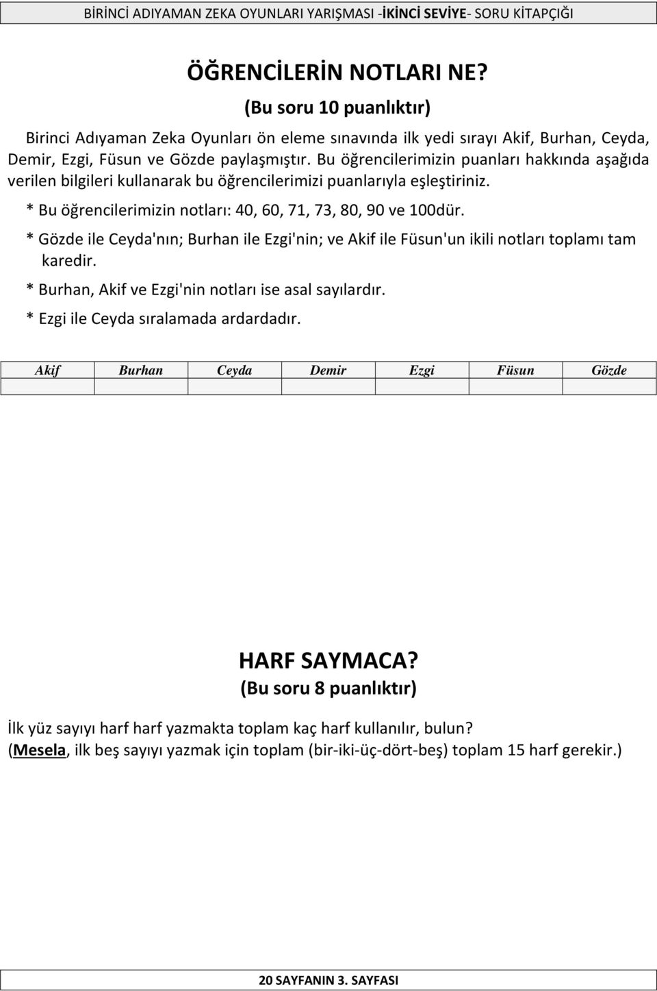 * Gözde ile Ceyda'nın; Burhan ile Ezgi'nin; ve Akif ile Füsun'un ikili notları toplamı tam karedir. * Burhan, Akif ve Ezgi'nin notları ise asal sayılardır. * Ezgi ile Ceyda sıralamada ardardadır.