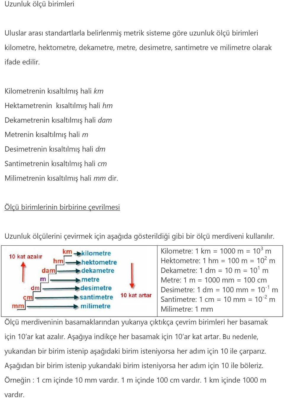 Kilometrenin kısaltılmış hali km Hektametrenin kısaltılmış hali hm Dekametrenin kısaltılmış hali dam Metrenin kısaltılmış hali m Desimetrenin kısaltılmış hali dm Santimetrenin kısaltılmış hali cm