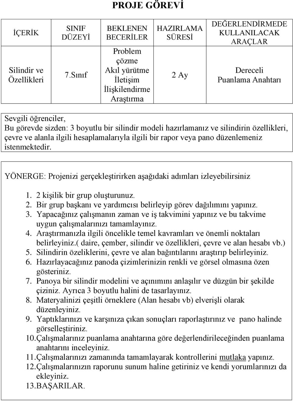 Silindirin özeliklerini, çevre ve alan bağıntılarını araştırıp belirleyiniz. 6. Hazırlayacağınız panoda çizimlerinizin renkli ve görsel olmasına özen gösteriniz. 7.