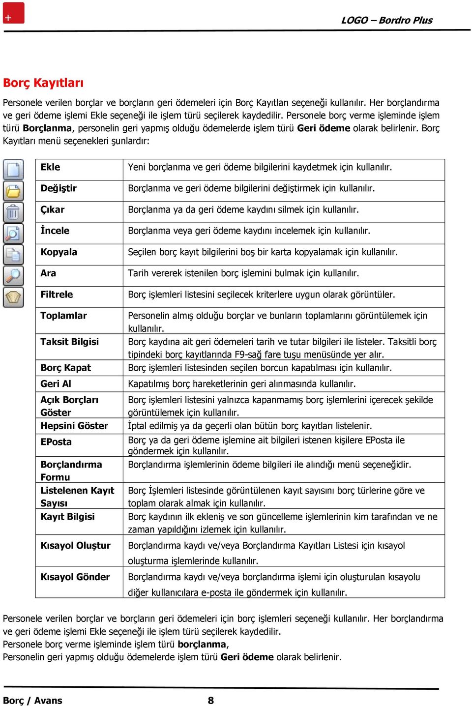 Borç Kayıtları menü seçenekleri şunlardır: Ekle Değiştir Çıkar İncele Kopyala Ara Filtrele Toplamlar Taksit Bilgisi Borç Kapat Geri Al Açık Borçları Göster Hepsini Göster EPosta Borçlandırma Formu