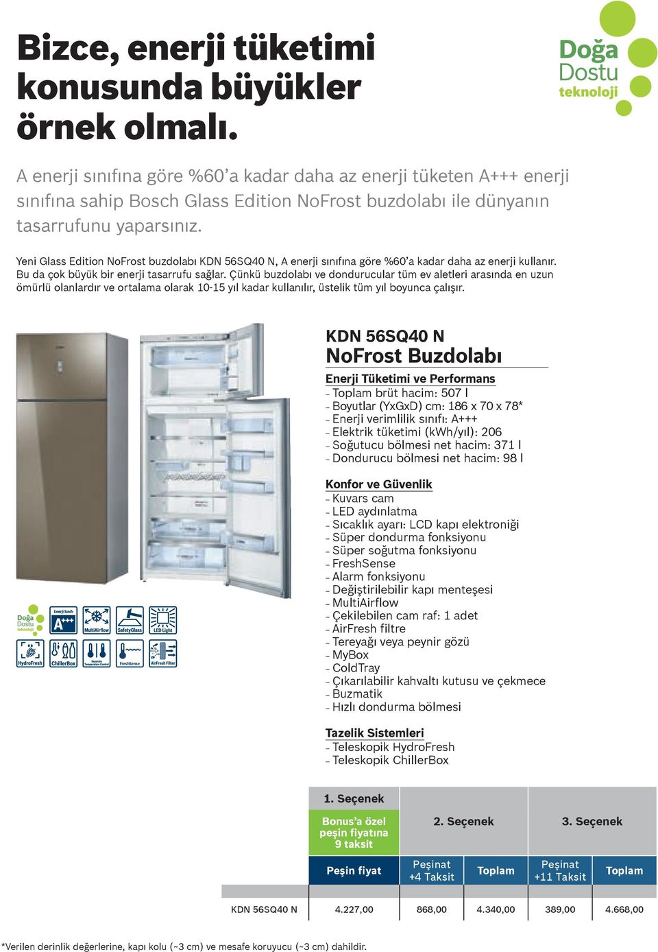 Yeni Glass Edition NoFrost buzdolabı KDN 56SQ40 N, A enerji sınıfına göre %60 a kadar daha az enerji kullanır. Bu da çok büyük bir enerji tasarrufu sağlar.