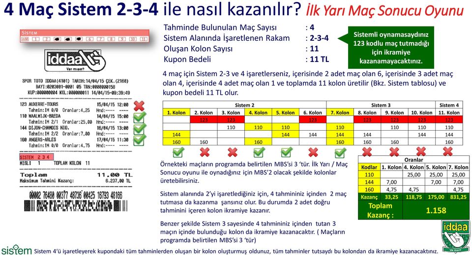 kazanamayacaktınız. 4 maç için Sistem 2-3 ve 4 işaretlerseniz, içerisinde 2 adet maç olan 6, içerisinde 3 adet maç olan 4, içerisinde 4 adet maç olan 1 ve toplamda 11 kolon üretilir (Bkz.