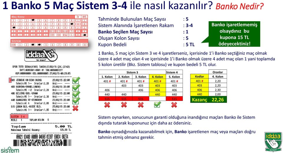 1 Banko, 5 maç için Sistem 3 ve 4 işaretlerseniz, içerisinde 1 i Banko seçtiğiniz maç olmak üzere 4 adet maç olan 4 ve içerisinde 1 i Banko olmak üzere 4 adet maç olan 1 yani toplamda 5 kolon