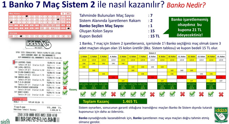 1 Banko, 7 maç için Sistem 2 işaretlerseniz, içerisinde 1 i Banko seçtiğiniz maç olmak üzere 3 adet maçtan oluşan olan 15 kolon üretilir (Bkz. Sistem tablosu) ve kupon bedeli 15 TL olur.
