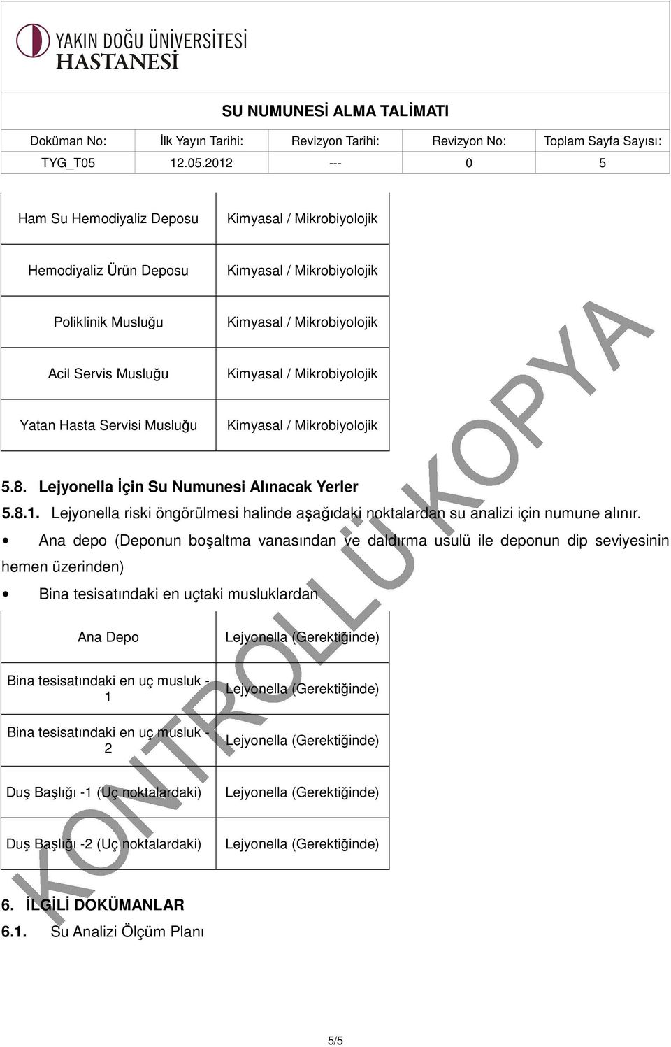 Ana depo (Deponun boşaltma vanasından ve daldırma usulü ile deponun dip seviyesinin hemen üzerinden) Bina tesisatındaki en uçtaki musluklardan Ana Depo