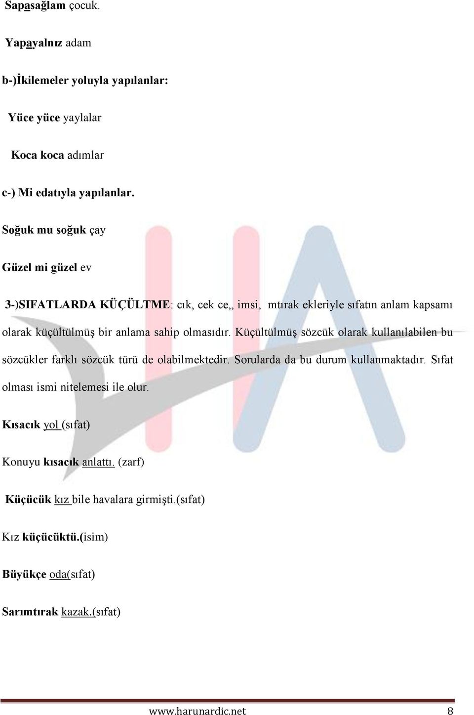 olmasıdır. Küçültülmüş sözcük olarak kullanılabilen bu sözcükler farklı sözcük türü de olabilmektedir. Sorularda da bu durum kullanmaktadır.