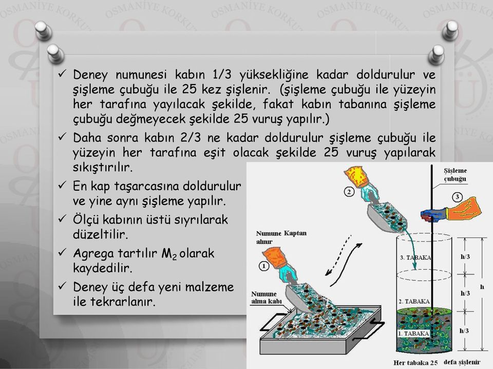 ) Daha sonra kabın 2/3 ne kadar doldurulur şişleme çubuğu ile yüzeyin her tarafına eşit olacak şekilde 25 vuruş yapılarak sıkıştırılır.