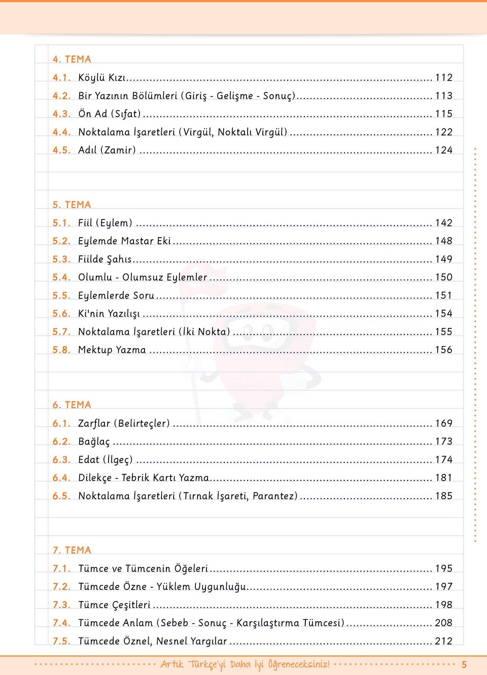 Noktalama İşaretleri (İki Nokta)... 155 5.8. Mektup Yazma... 156 6. TEMA 6.1. Zarflar (Belirteçler)... 169 6.2. Bağlaç... 173 6.3. Edat (İlgeç)... 174 6.4. Dilekçe - Tebrik Kartı Yazma... 181 6.5. Noktalama İşaretleri (Tırnak İşareti, Parantez).