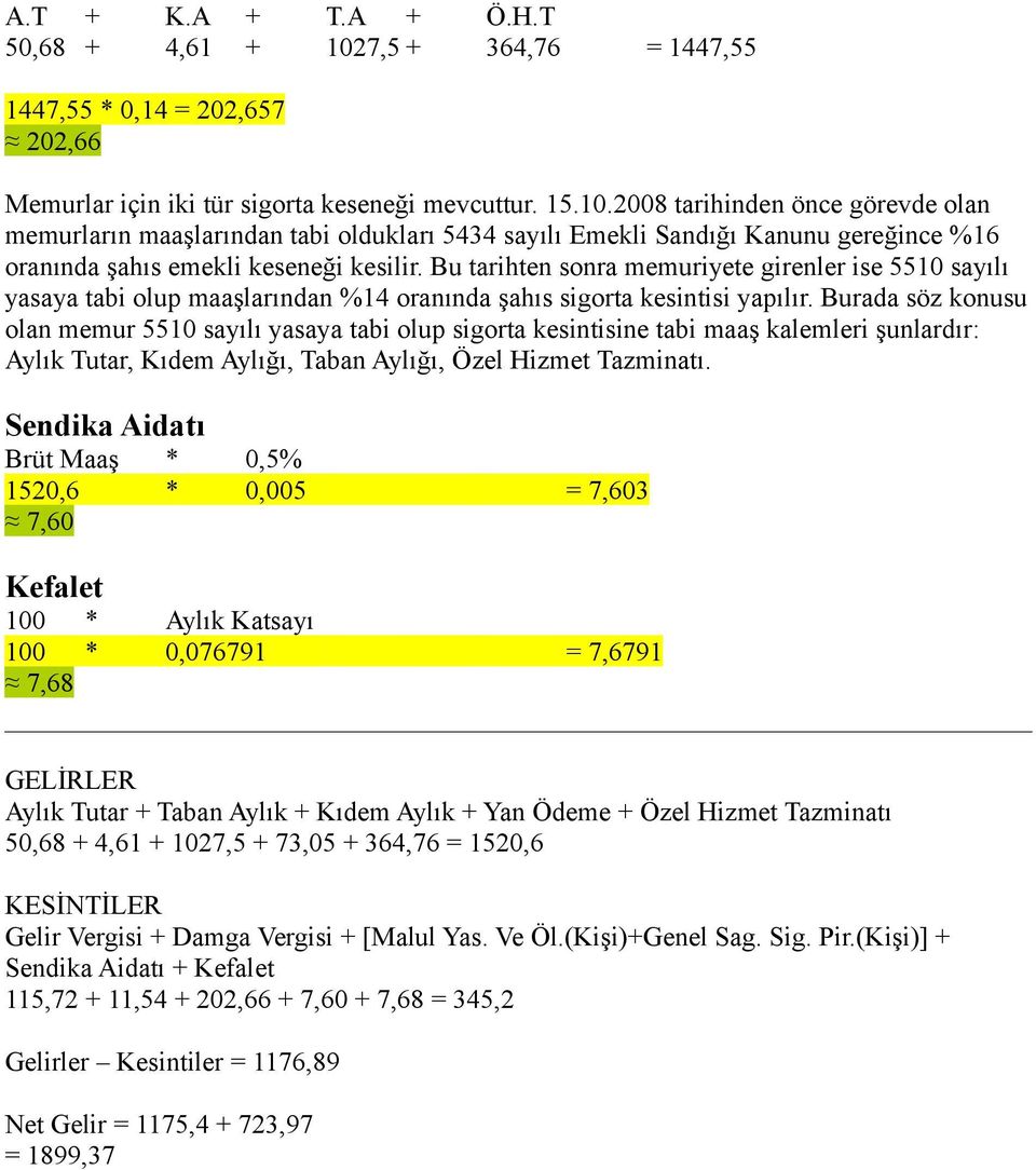 2008 tarihinden önce görevde olan memurların maaşlarından tabi oldukları 5434 sayılı Emekli Sandığı Kanunu gereğince %16 oranında şahıs emekli keseneği kesilir.