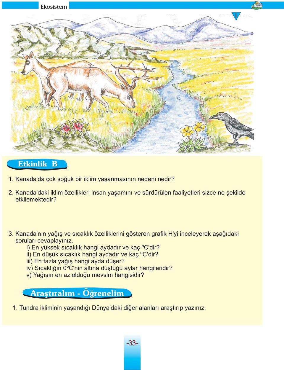 Kanada'nın yağış ve sıcaklık özelliklerini gösteren grafik H'yi inceleyerek aşağıdaki soruları cevaplayınız. i) En yüksek sıcaklık hangi aydadır ve kaç ºC'dir?