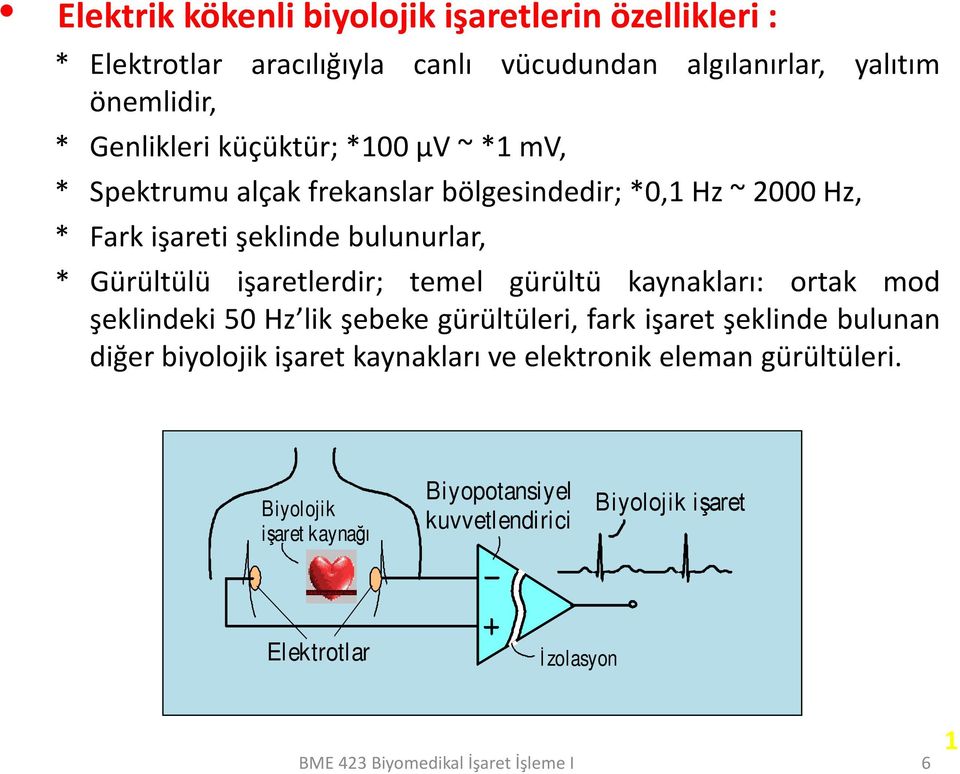 işaretlerdir; temel gürültü kaynakları: ortak mod şeklindeki 50 Hz lik şebeke gürültüleri, fark işaret şeklinde bulunan diğer biyolojik işaret