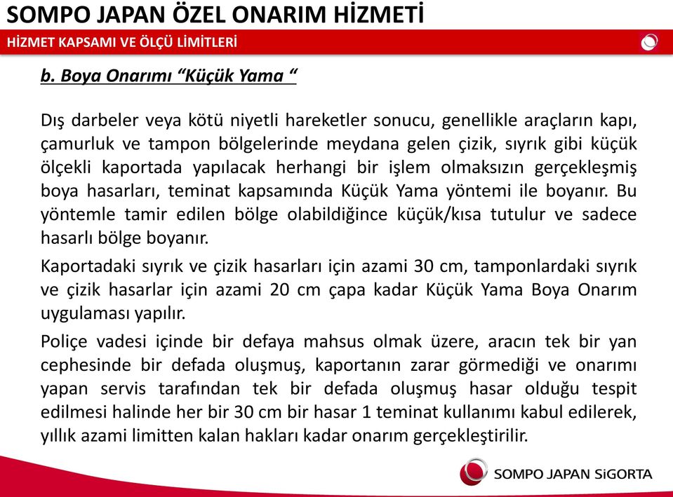 herhangi bir işlem olmaksızın gerçekleşmiş boya hasarları, teminat kapsamında Küçük Yama yöntemi ile boyanır.