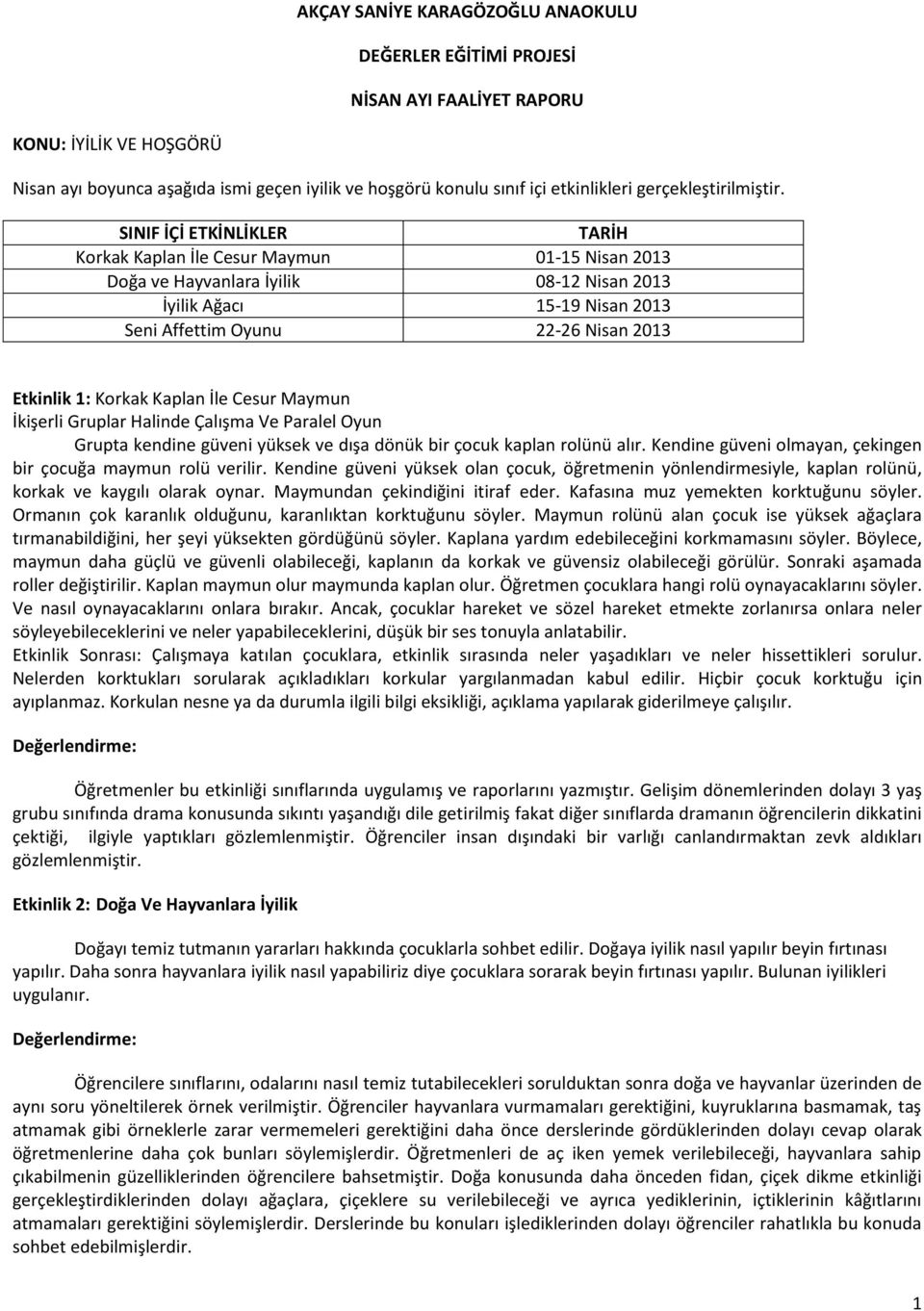 SINIF İÇİ ETKİNLİKLER TARİH Korkak Kaplan İle Cesur Maymun 01-15 Nisan 2013 Doğa ve Hayvanlara İyilik 08-12 Nisan 2013 İyilik Ağacı 15-19 Nisan 2013 Seni Affettim Oyunu 22-26 Nisan 2013 Etkinlik 1: