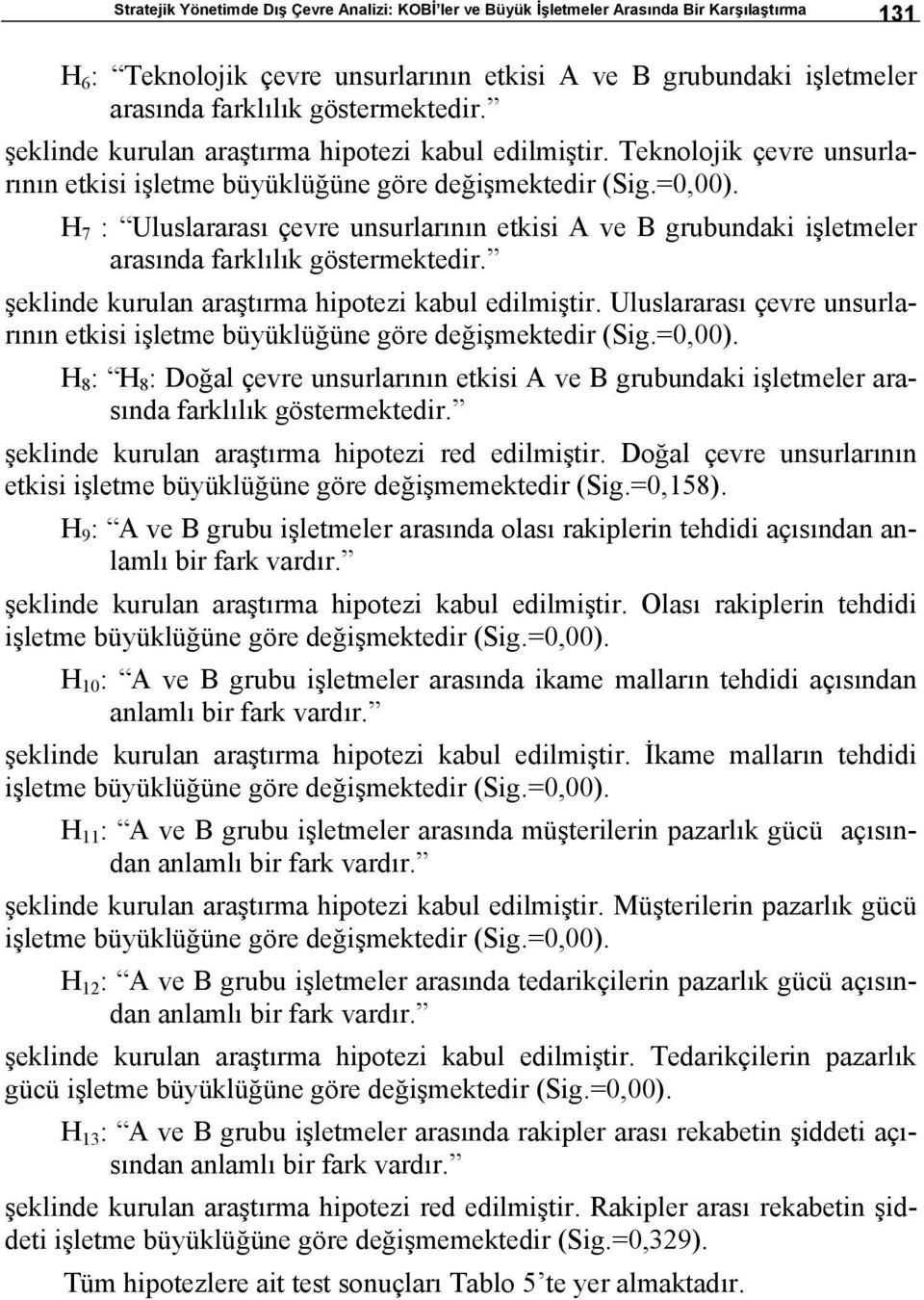 H 7 : Uluslararası çevre unsurlarının etkisi A ve B grubundaki işletmeler arasında farklılık göstermektedir. şeklinde kurulan araştırma hipotezi kabul edilmiştir.