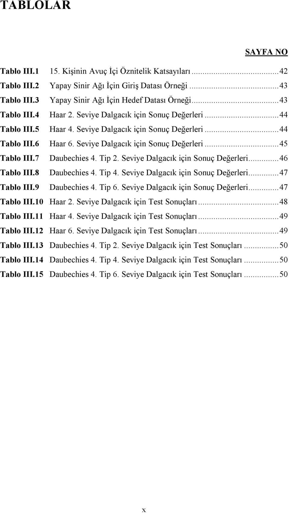 7 Daubechies 4. Tip 2. Seviye Dalgacık için Sonuç Değerleri... 46 Tablo III.8 Daubechies 4. Tip 4. Seviye Dalgacık için Sonuç Değerleri... 47 Tablo III.9 Daubechies 4. Tip 6.