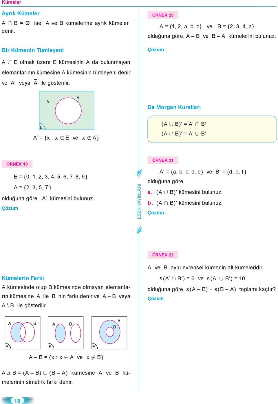 A A De Morgan Kuralları E A = {x : x E ve x A} (A B) = A B (A B) = A B ÖRNEK 19 E = {0, 1, 2, 3, 4, 5, 6, 7, 8, 9} A = {2, 3, 5, 7 } olduğuna göre, A kümesini bulunuz.