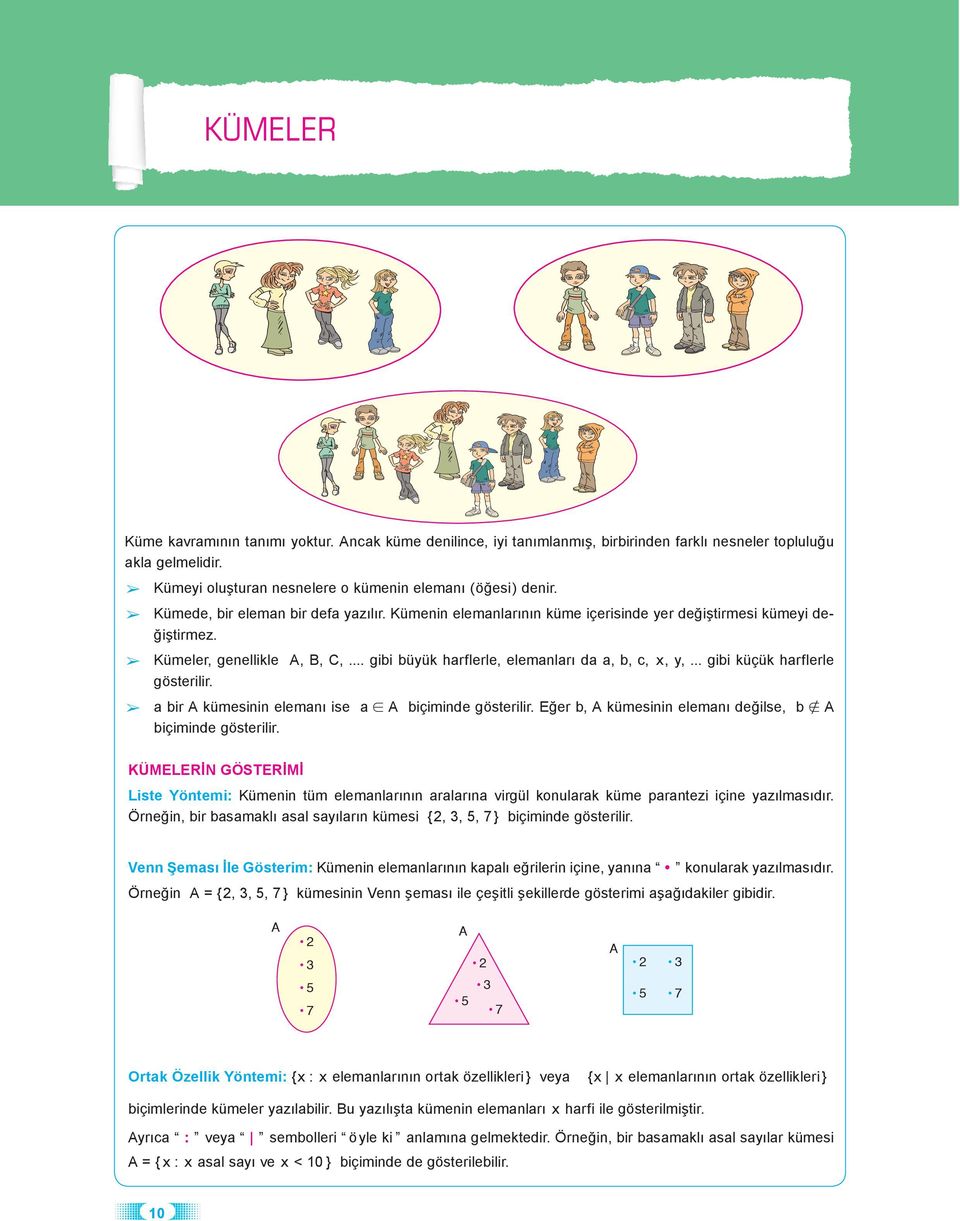 .. gibi küçük harflerle gösterilir. a bir A kümesinin elemanı ise a A biçiminde gösterilir. Eğer b, A kümesinin elemanı değilse, b A biçiminde gösterilir.