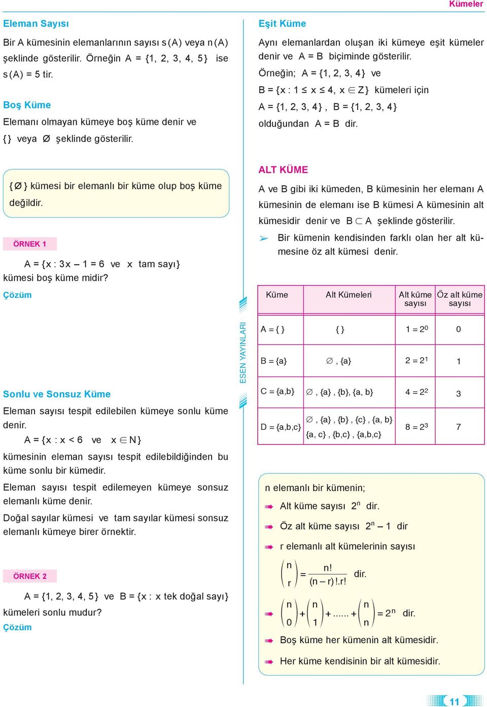 Örneğin; A = {1, 2, 3, 4} ve B = {x : 1 x 4, x Z } kümeleri için A = {1, 2, 3, 4}, B = {1, 2, 3, 4} olduğundan A = B dir. { Ø } kümesi bir elemanlı bir küme olup boş küme değildir.