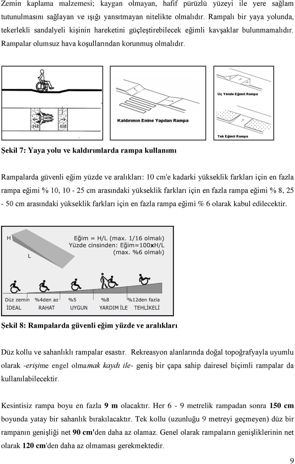 Şekil 7: Yaya yolu ve kaldırımlarda rampa kullanımı Rampalarda güvenli eğim yüzde ve aralıkları: 10 cm'e kadarki yükseklik farkları için en fazla rampa eğimi % 10, 10-25 cm arasındaki yükseklik