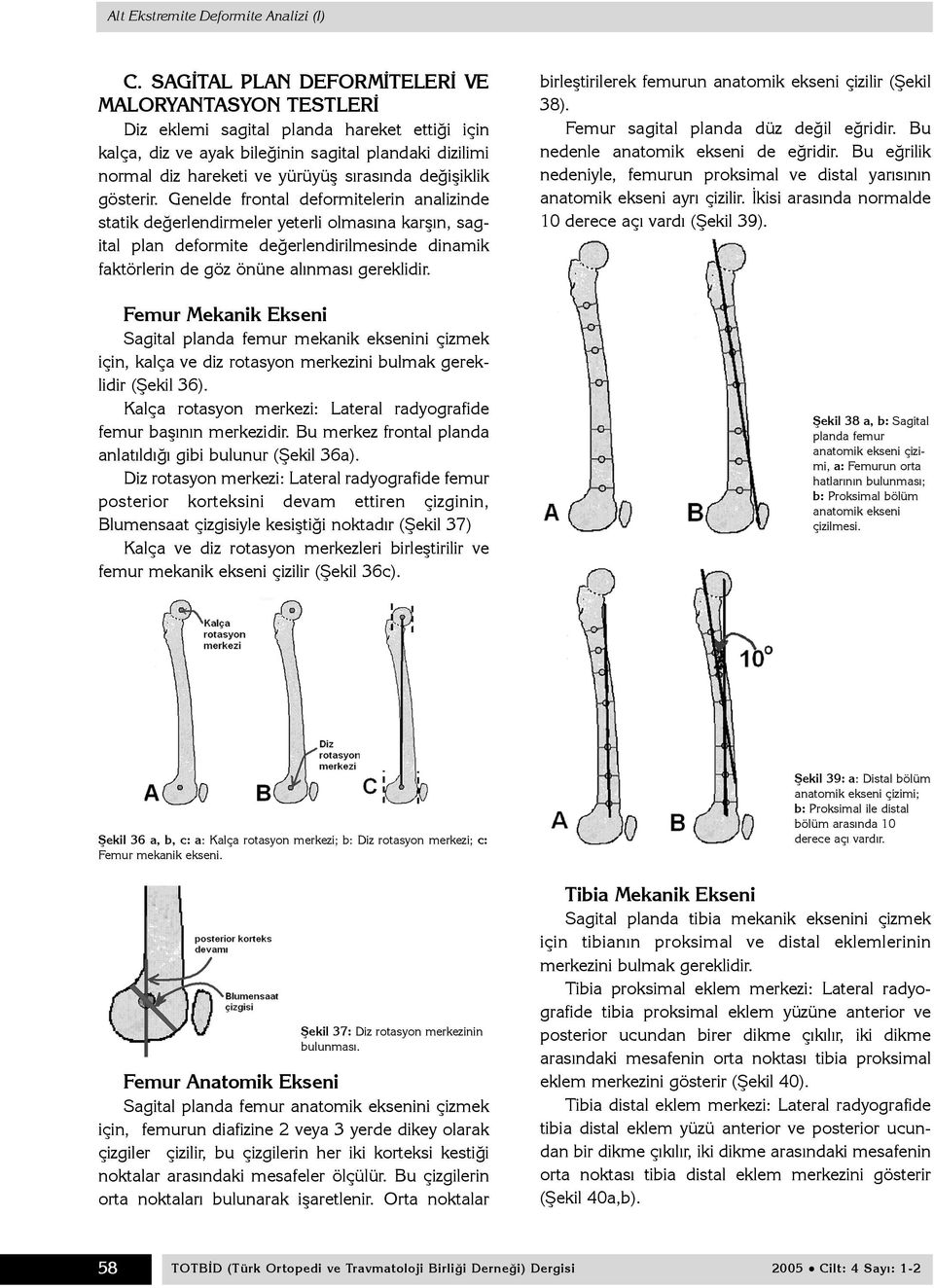 Tibia Anatomik Ekseni Tibianýn diafizine 2 veya 3 yerden dikey olarak çizilen çizgilerin orta noktalarý bulunur, bunlar birleþtirilerek tibia anatomik ekseni çizilir (Þekil 41).