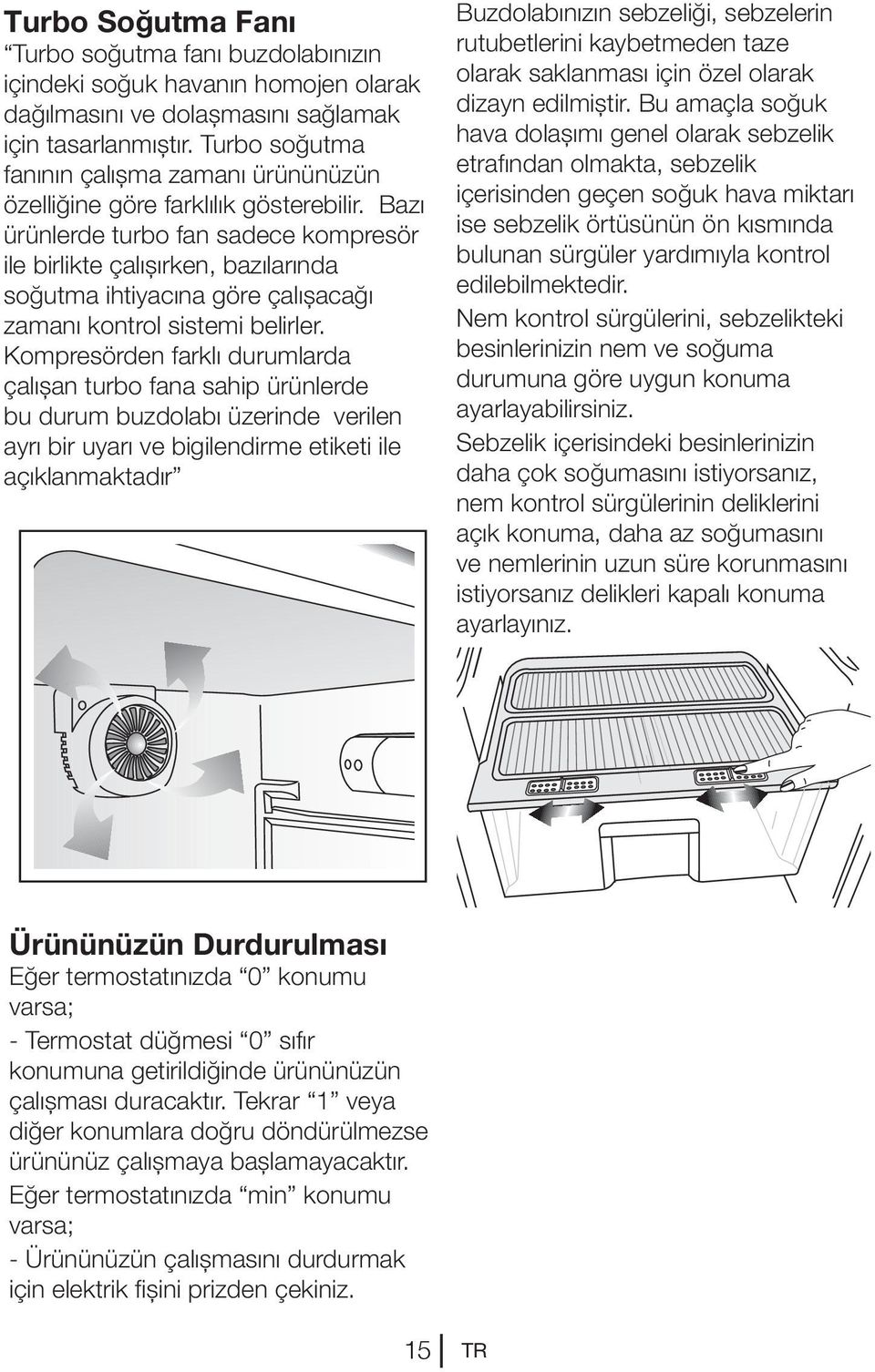 Bazı ürünlerde turbo fan sadece kompresör ile birlikte çalışırken, bazılarında soğutma ihtiyacına göre çalışacağı zamanı kontrol sistemi belirler.