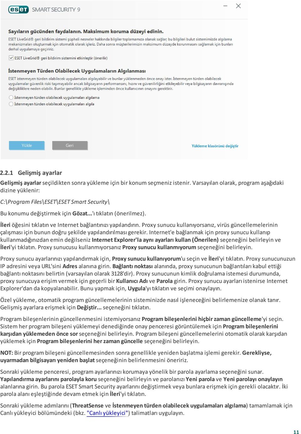 İleri öğesini tıklatın ve Internet bağlantınızı yapılandırın. Proxy sunucu kullanıyorsanız, virüs güncellemelerinin çalışması için bunun doğru şekilde yapılandırılması gerekir.