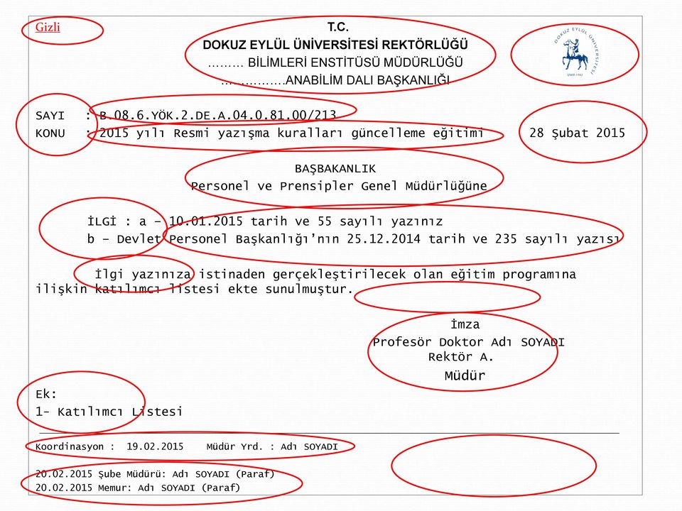 12.2014 tarih ve 235 sayılı yazısı İlgi yazınıza istinaden gerçekleştirilecek olan eğitim programına ilişkin katılımcı listesi ekte sunulmuştur.