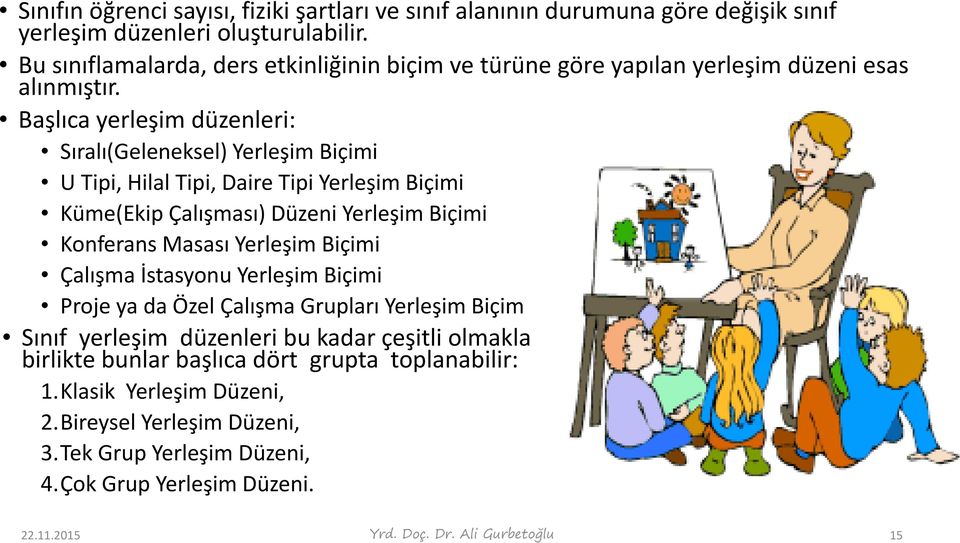 Başlıca yerleşim düzenleri: Sıralı(Geleneksel) Yerleşim Biçimi U Tipi, Hilal Tipi, Daire Tipi Yerleşim Biçimi Küme(Ekip Çalışması) Düzeni Yerleşim Biçimi Konferans Masası Yerleşim