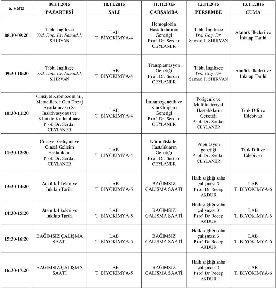 BİYOKİMYA-4 İmmunogenetik ve Kan Grupları Poligenik ve Multifakteriyel Hastalıkların 11:30-12:20 Cinsiyet Gelişimi ve Cinsel Gelişim Hastalıkları T.